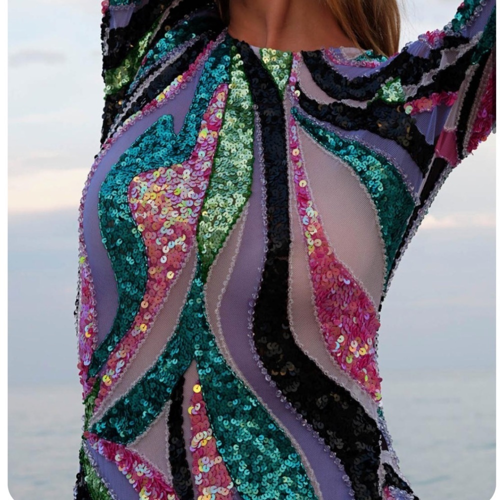 NWT PatBO Delos beaded sequin multi color long sleeve mesh mini dress 8 - Picture 5 of 12